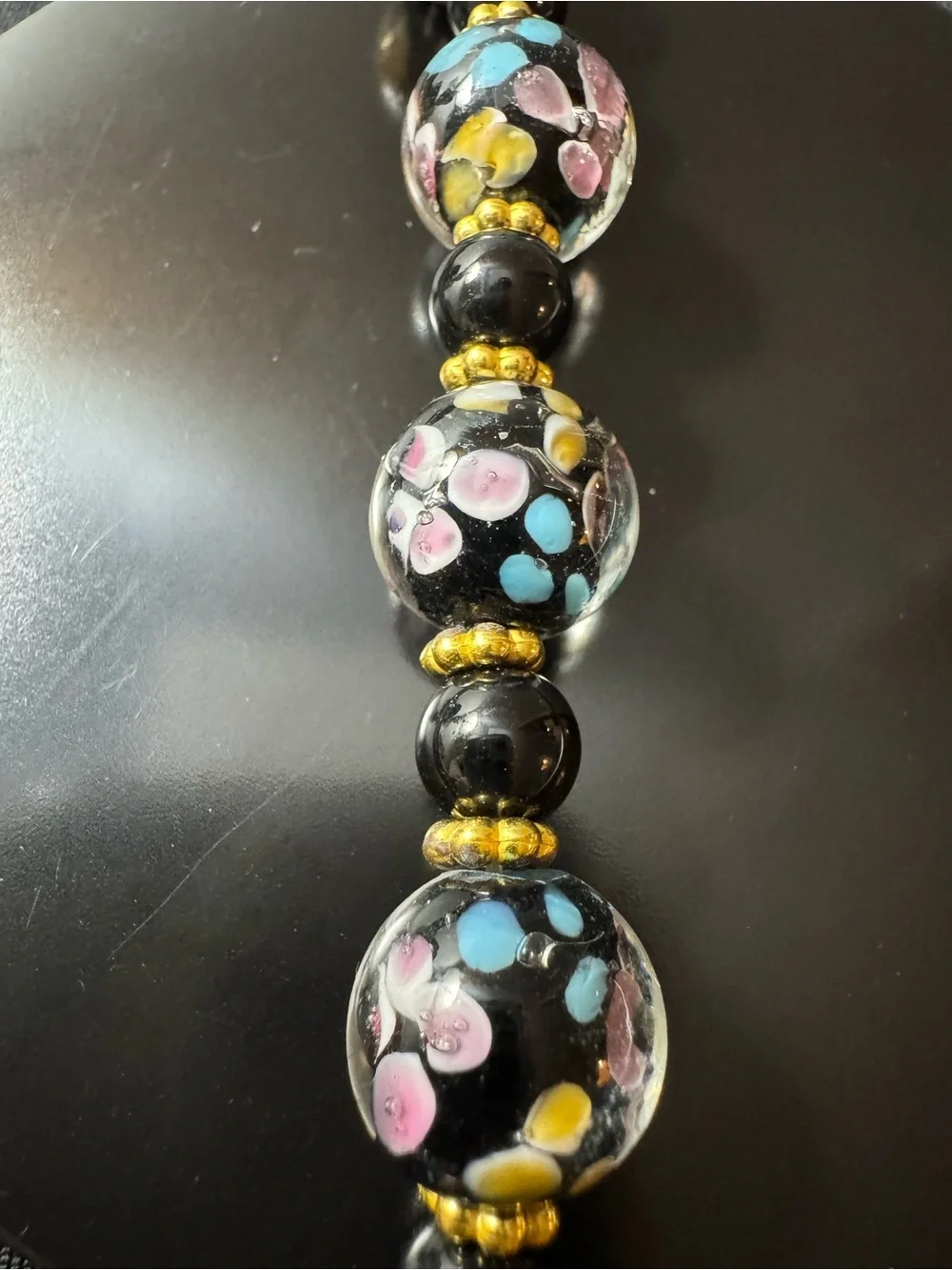 Art Glass Floral Bead Necklace - Black Lampwork - Murano Style - Gold Tone